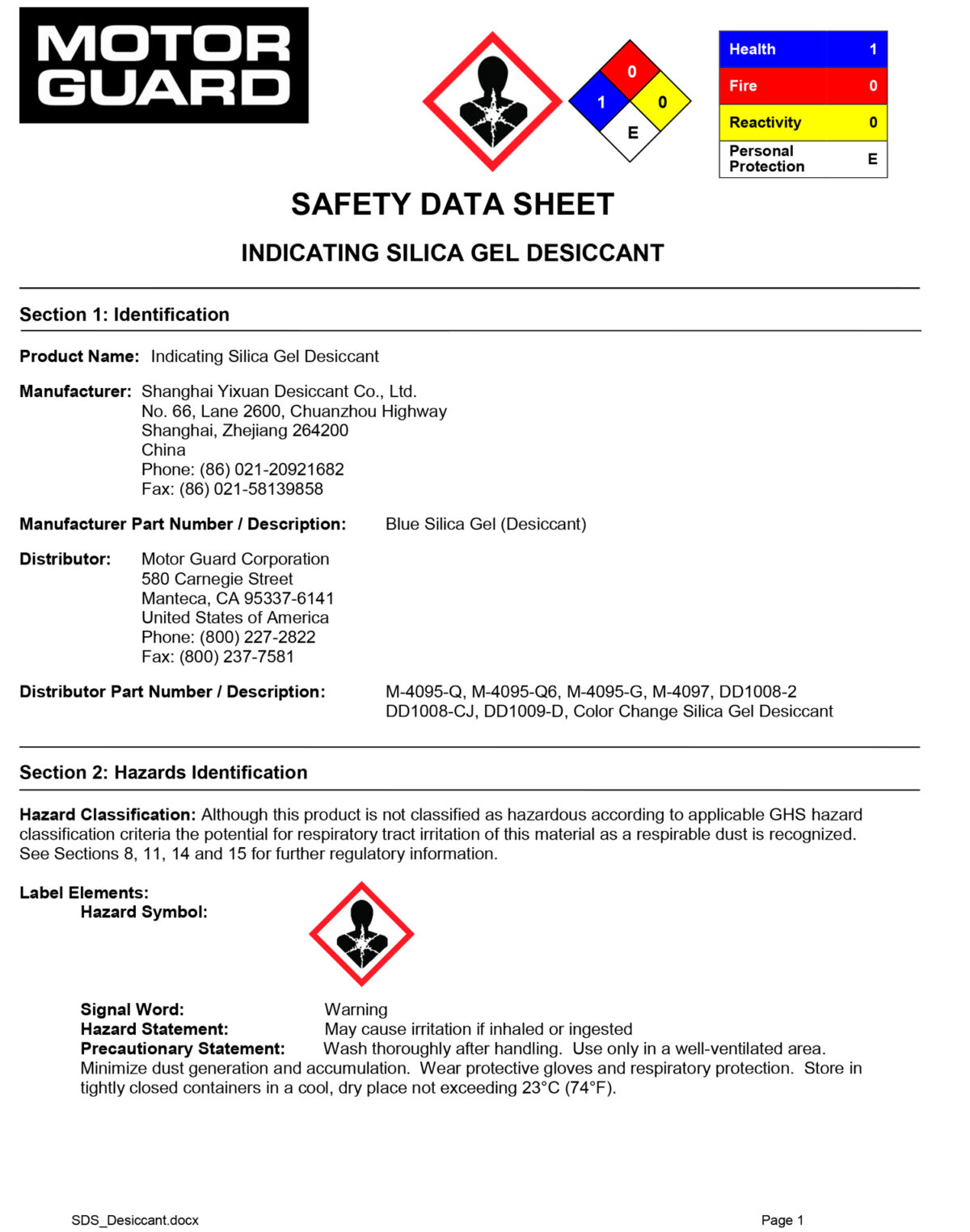 SAFETY DATA SHEET INDICATING SILICA GEL DESICCANT
